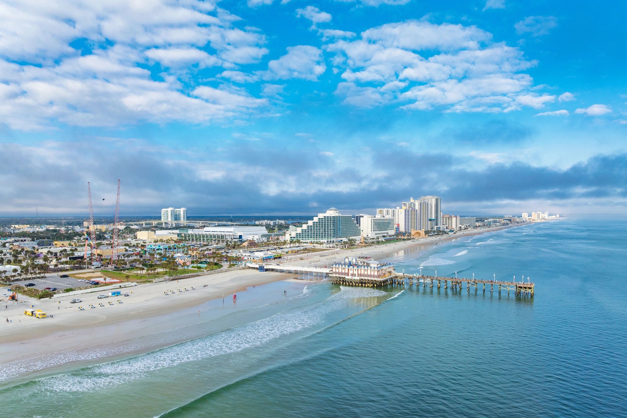 Aerial view of a Florida beach with hotels and shoreline
